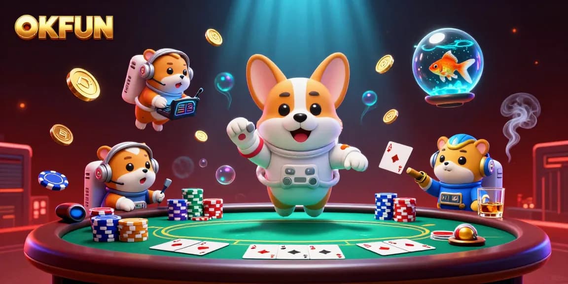 Experience the excitement of gambling at OKFUN with a 3D cartoon astronaut corgi in a space casino scene full of colorful poker chips.