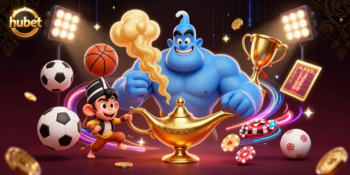 Engage in thrilling gaming action with hubet, featuring a vibrant 3D casino illustration of a genie and sports elements.