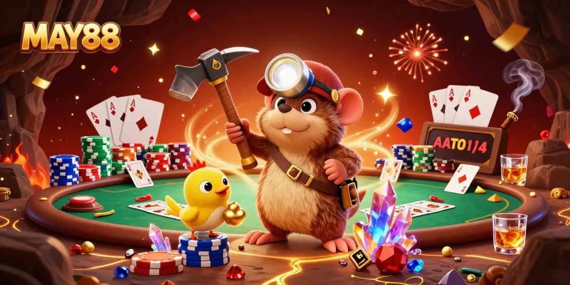 MAY88 showcases a vibrant scene with a treasure hunter mole, poker elements, and bright confetti celebrating wins.