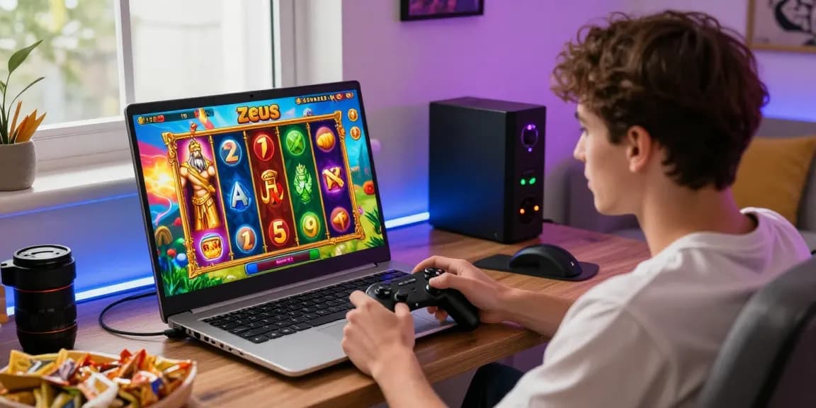 Engaging scene of a gamer playing slot zeus online with vibrant graphics and Greek mythology elements.