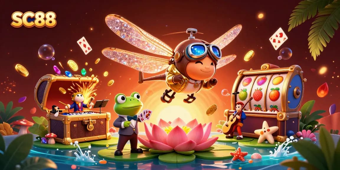 Engage with SC88's vibrant gaming scene featuring playful characters in a lively casino