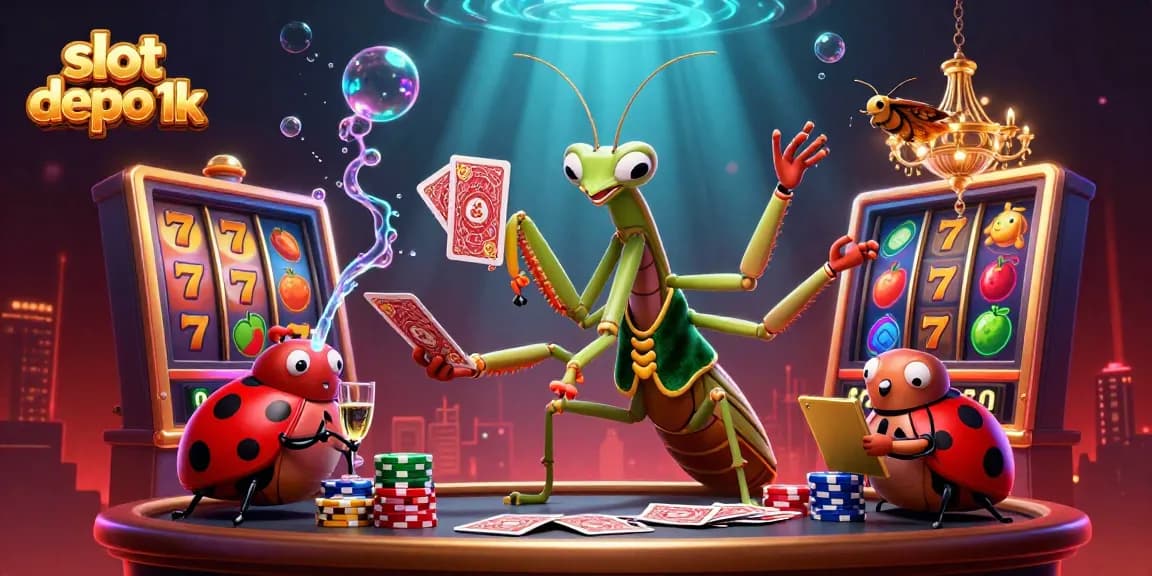 Engage with the slot depo 1k gameplay, featuring a vibrant scene of a mantis dealer and ladybug pit boss.