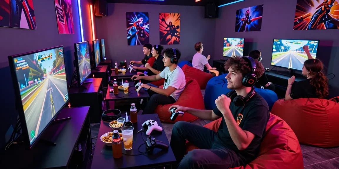 Friends engaged in gaming at 92dadu lounge with snacks and LED lights.