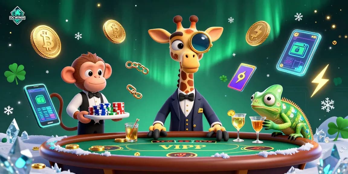 Experience high-stakes gaming with IDCWIN88, featuring a giraffe at a VIP poker table in a lively casino scene.