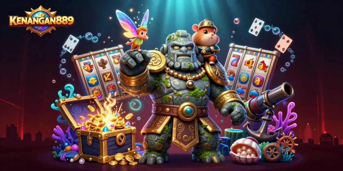 Experience KENANGAN889's vibrant slot adventures with a magical golem, fairy, and hamster knight.