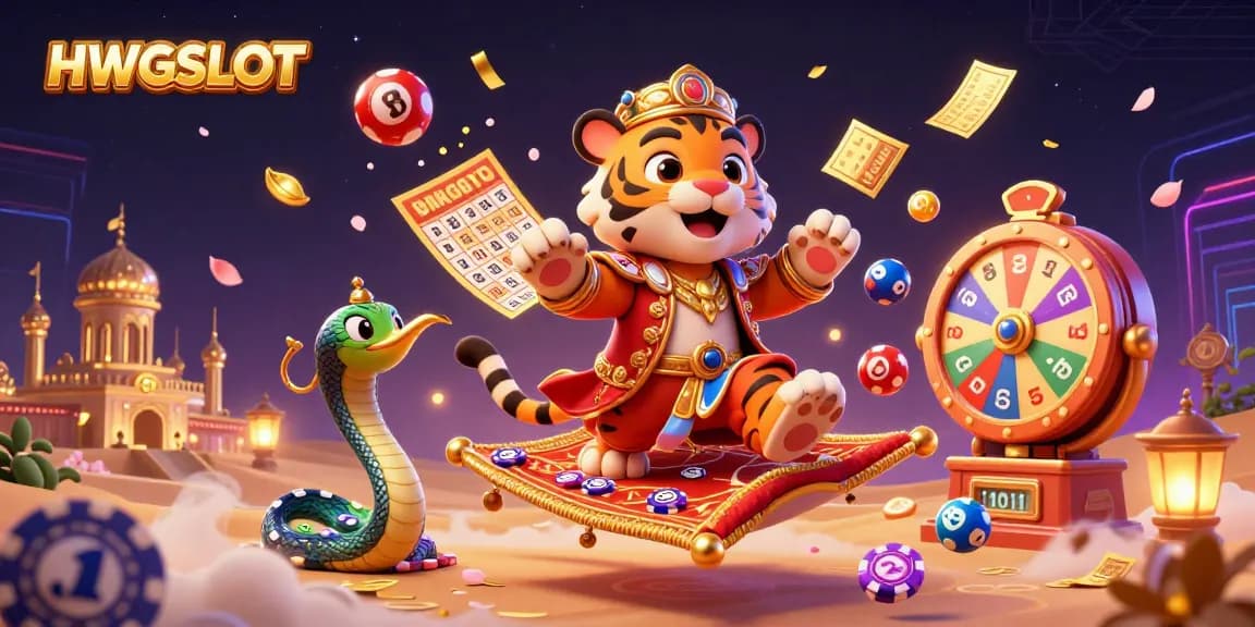 Experience thrilling slots at HWGSLOT with vibrant game elements and iconic characters in a rich 3D illustration.