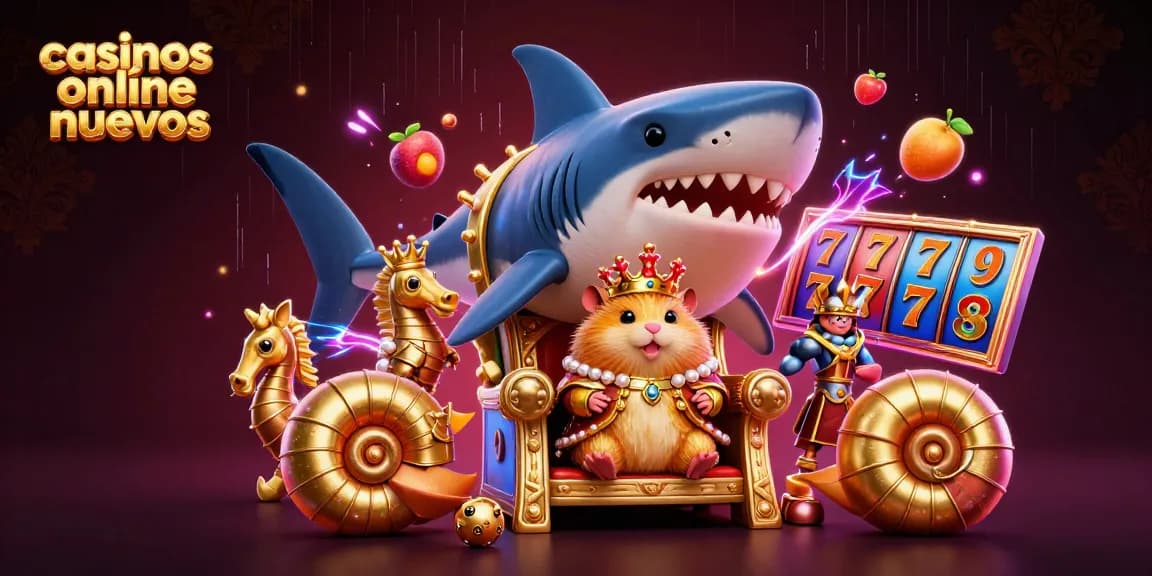 Juega en casinos online nuevos mientras disfrutas de un rey hámster y sus guardianes en una escena dinámica.
