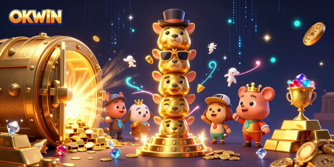 Spin and win with OKWIN's vibrant and exciting casino experience, showcasing golden riches and lively animations.