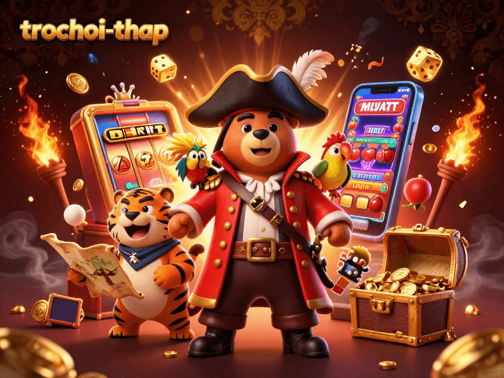 Experience the thrill of trochoi-thap with epic pirate characters and casino elements in this vibrant scene.