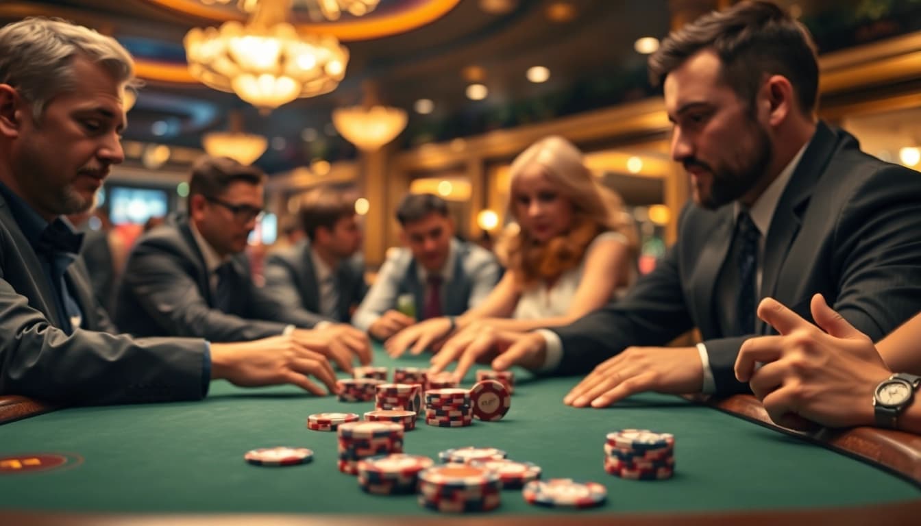 Menggenggam chips Poker88 sambil bermain poker di meja kasino yang mewah.