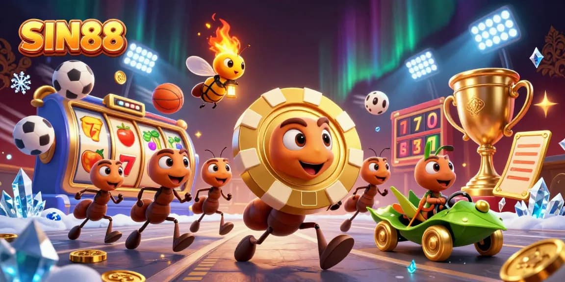 SIN88 celebrates a vibrant heist scene with cartoon ants and dynamic casino elements.