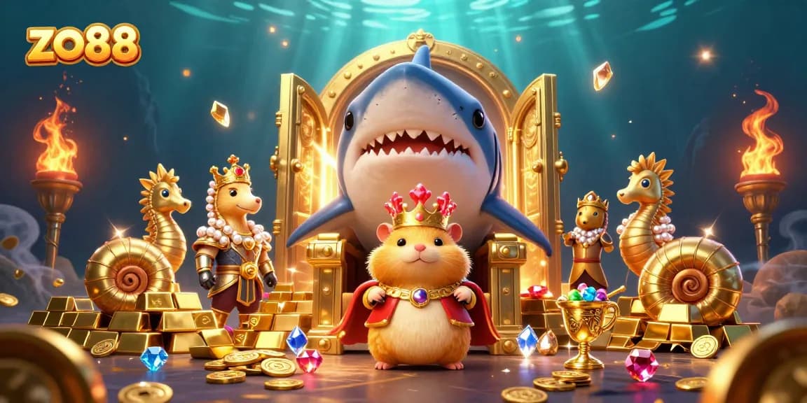 Experience thrilling gaming at zo88 with a vibrant scene of the golden hamster king ruling amidst wealth and excitement.