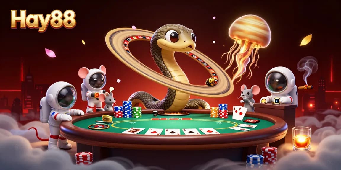 Bet big with Hay88's vibrant cosmic casino scene featuring a snake-ringed roulette wheel and betting mice.