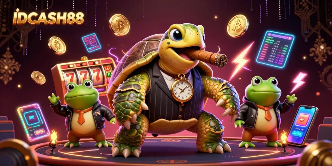 Engaging illustration with IDCASH88 showcasing a snapping turtle in a mobster suit and slot game elements.