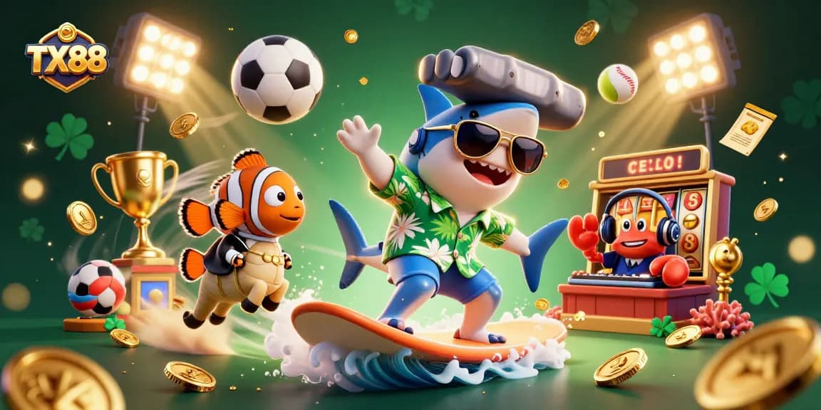 Experience the excitement of TX88 with a 3D party scene featuring a shark, clownfish, and crab DJ.