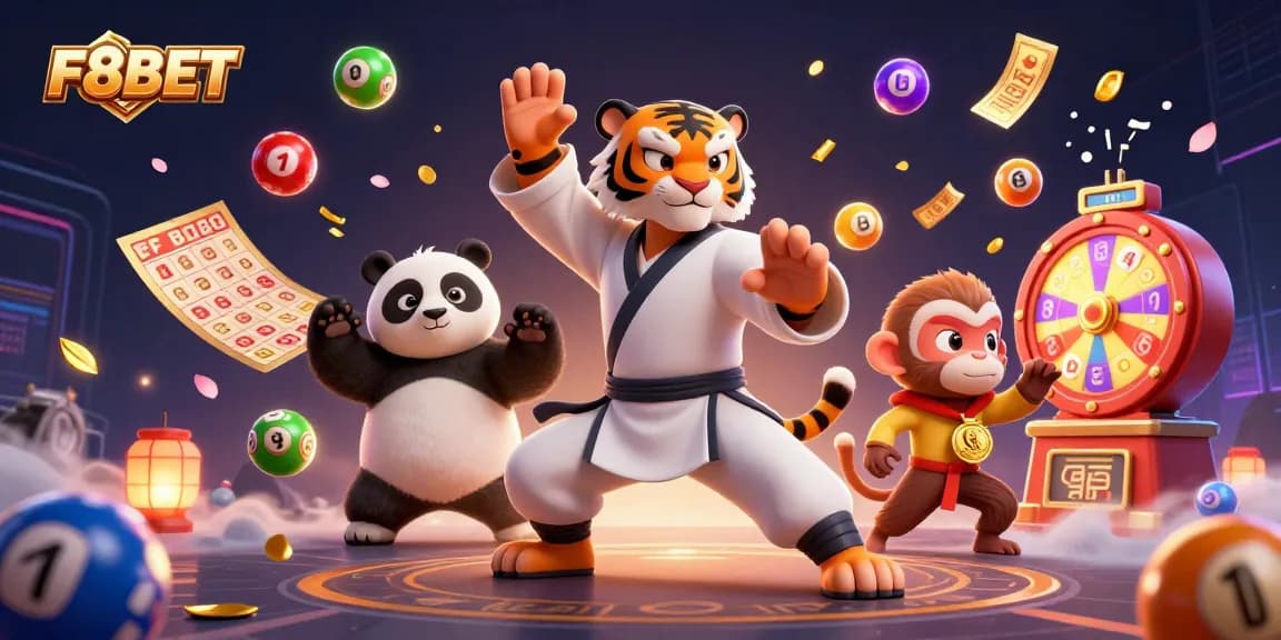F8BET brings excitement with a kung fu tiger, panda, and monkey in a vibrant casino scene
