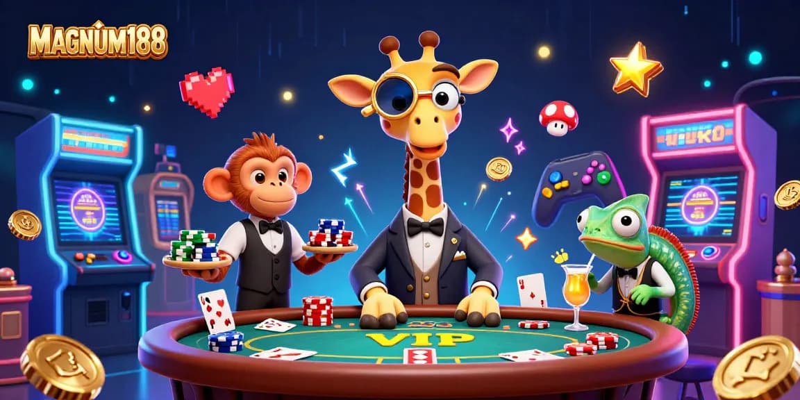 Experience MAGNUM188 with high-roller giraffe, poker action, and vibrant casino elements.