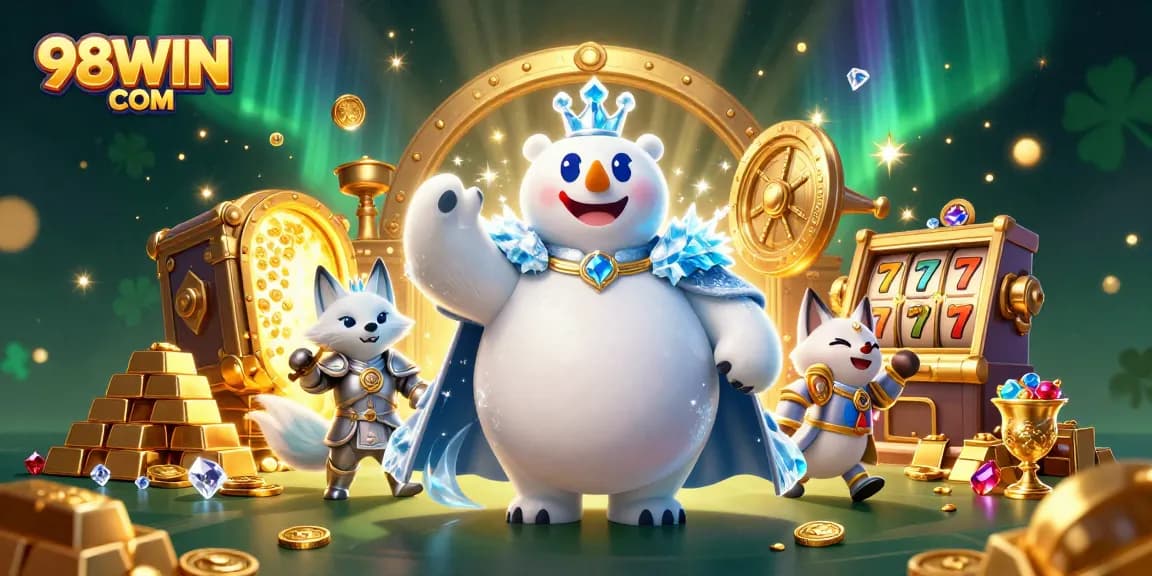Experience winning with 98WIN COM as the ice king and snow fox find treasure amidst slot games riches.