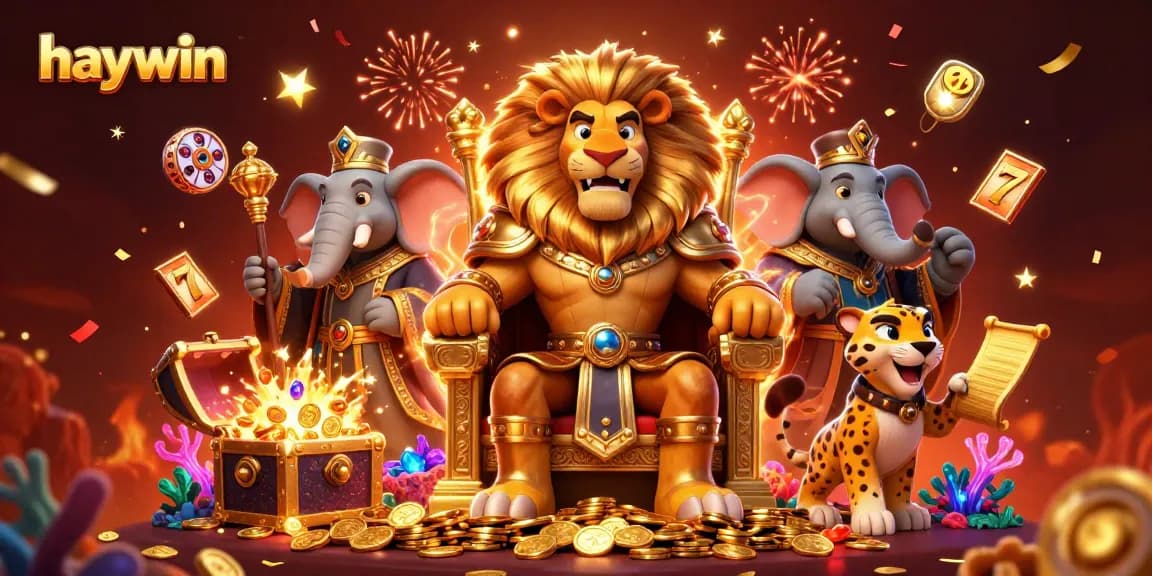 Engage with haywin in a vibrant casino scene featuring a lion king, elephant advisor, and cheetah messenger.