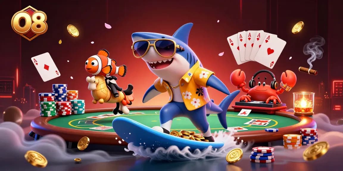Experience thrilling gameplay with O8 Casino's vibrant underwater adventure featuring a shark and charming sea creatures.