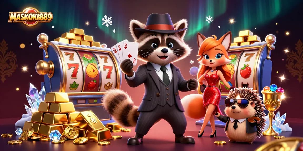 Experience winning strategies with MASKOKI889 as characters celebrate at a lavish slot scene.
