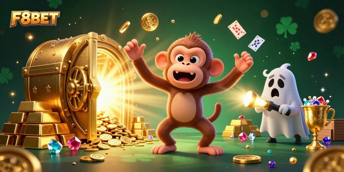 Experience F8BET in an exciting live casino scene with dynamic characters and golden treasures.