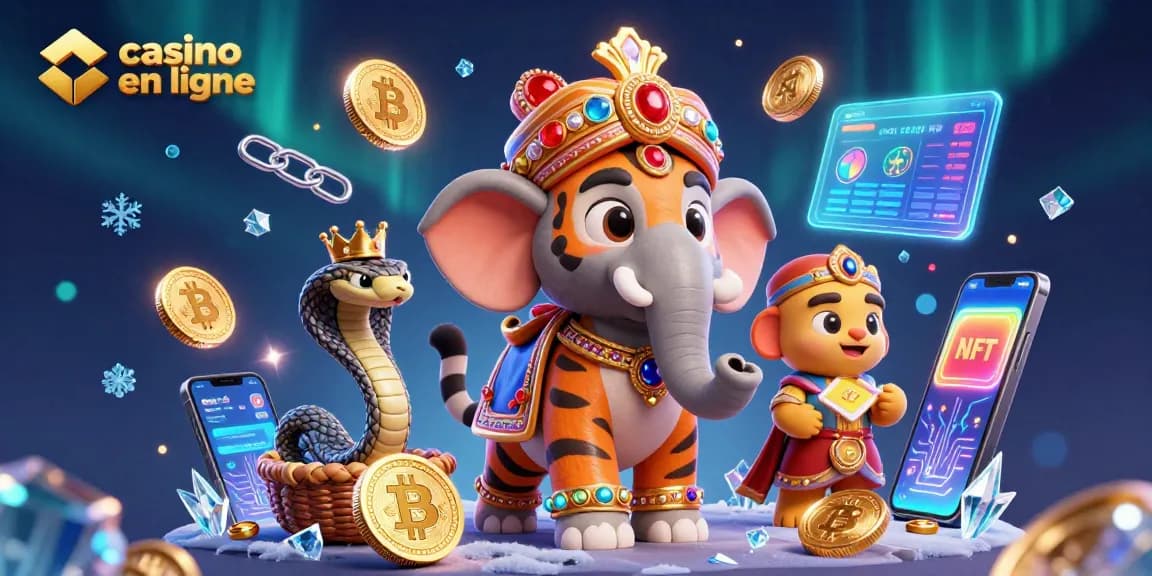 Découvrez le monde du casino en ligne avec un tigre maharaja et un éléphant ornés de joyaux, révélant les dernières crypto-monnaies.