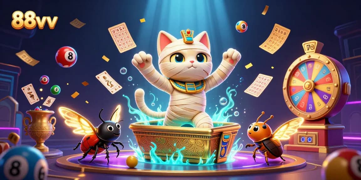Engage with 88vv in a vibrant casino scene featuring a mummy cat, scarab, and dynamic lottery elements.