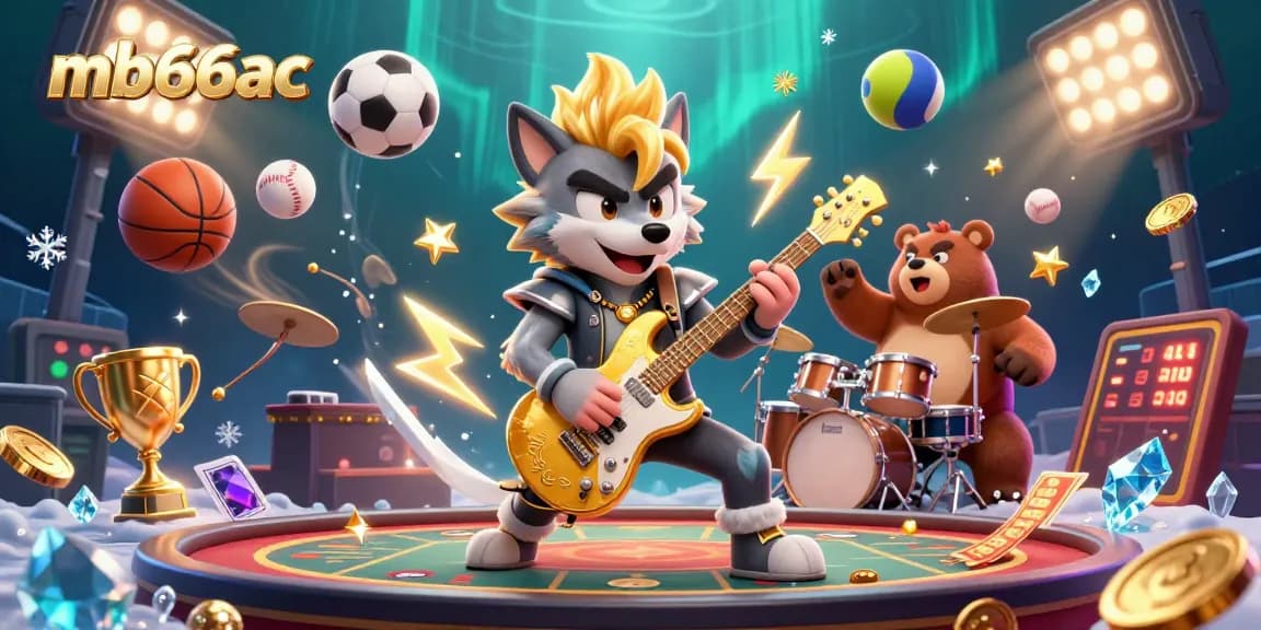 Experience dynamic gaming action at mb66ac with a vibrant 3D illustration of a rock star wolf performing on a casino stage.