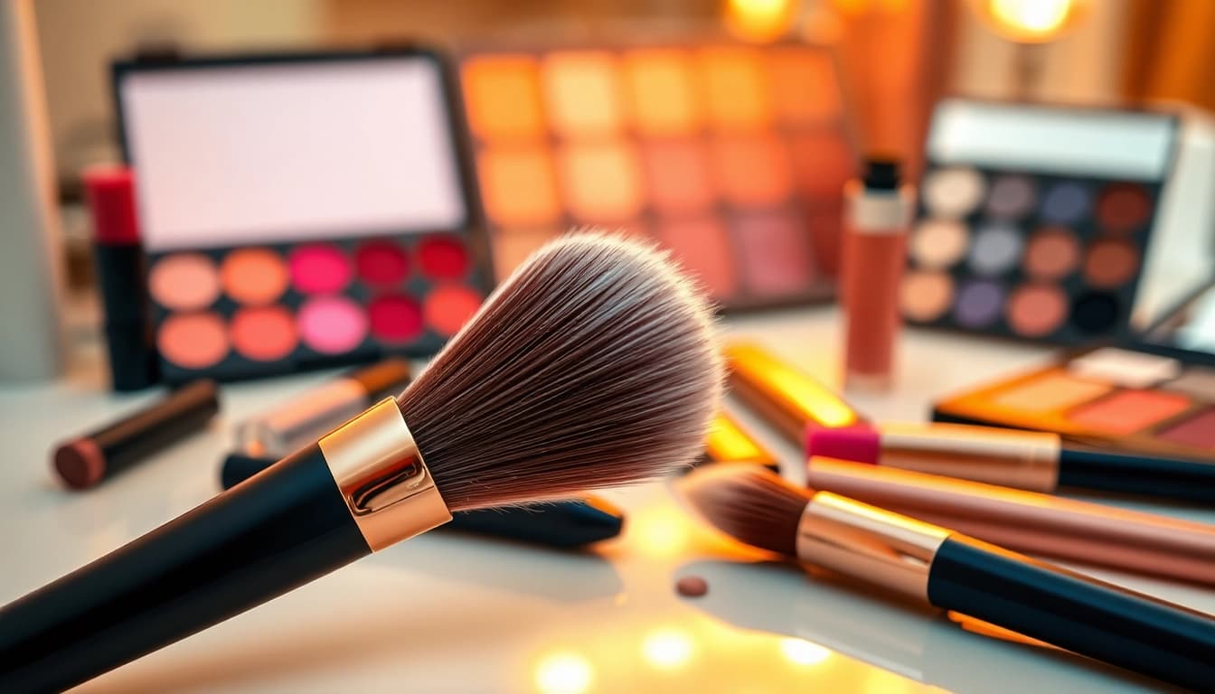 Using an angled makeup brush for precise application on a vibrant tabletop