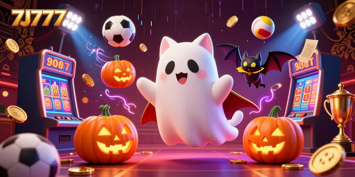 Engage with the thrilling 7J777 casino experience featuring dynamic sports elements and ghostly characters.