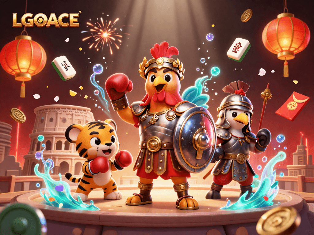 LGOACE captures the thrill of gaming with a gladiator rooster, cub sparring partner, and eagle in a vibrant casino scene.