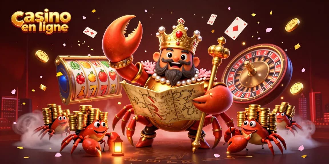 Illustration colorée représentant un casino en ligne animé avec un crabe doré et des éléments de jeu.