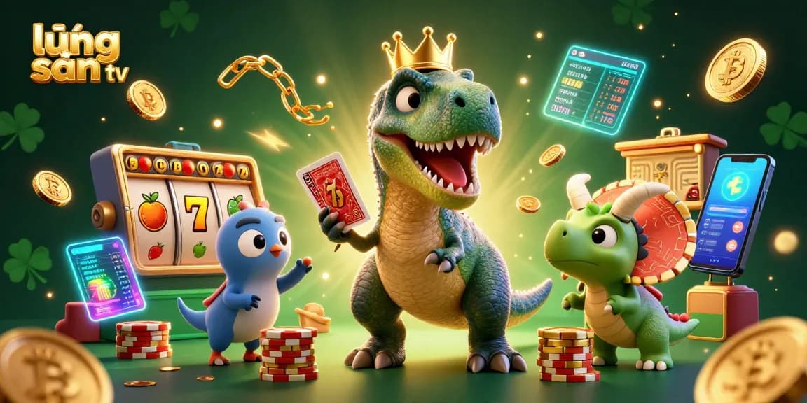 Experience the thrill of lương sơn tv with dinosaur characters and vibrant casino elements in this engaging illustration.