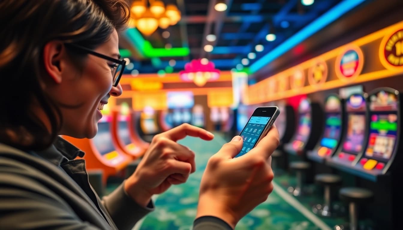 Download pistolo casino app download op een smartphone in een levendige casino-omgeving.
