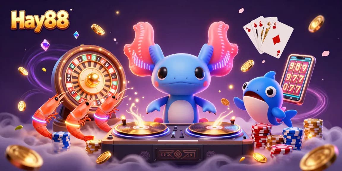 Engage with exciting slots and jackpots at Hay88, showcased in a vibrant 3D digital casino scene.
