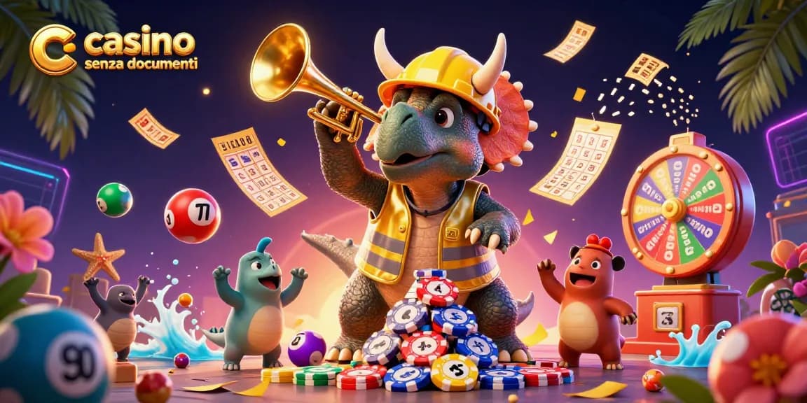 Gioca nel casino senza documenti con un triceratopo e personaggi dinamici in un'illustrazione vivace.