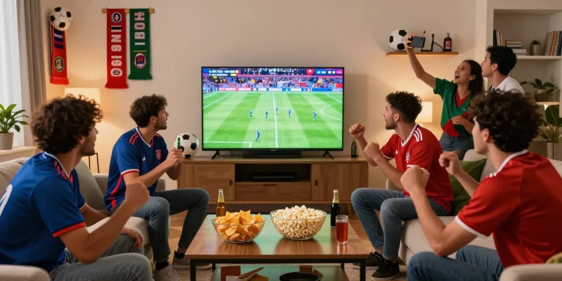 Excited fans enjoying kora tv live soccer match in cozy living room.