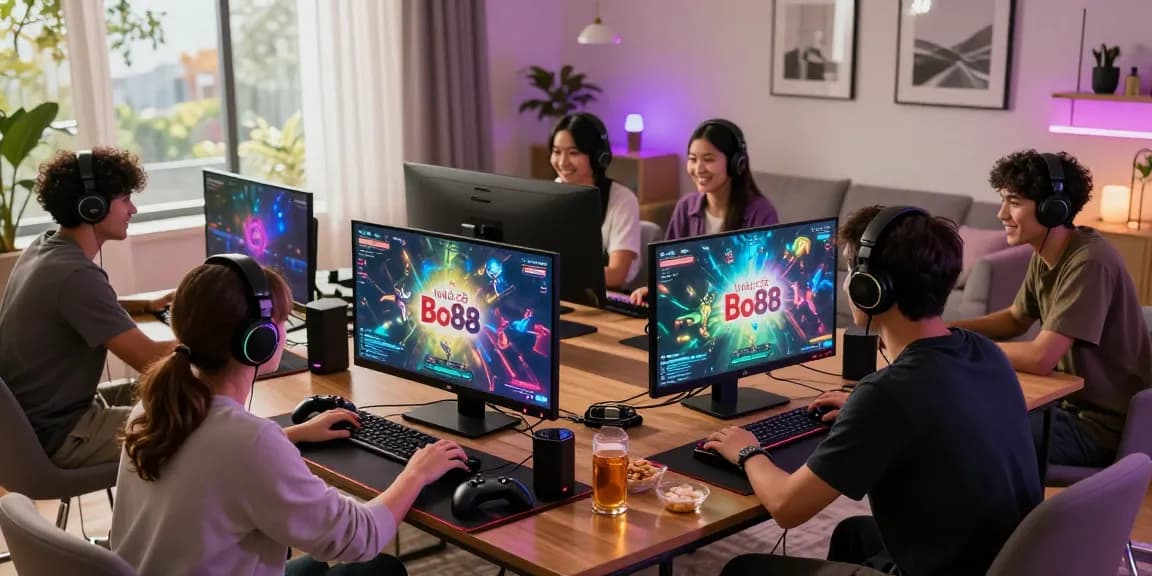 Group of friends enjoying online gaming at home with nhà cái Bo88 displayed on screen, creating a lively atmosphere.