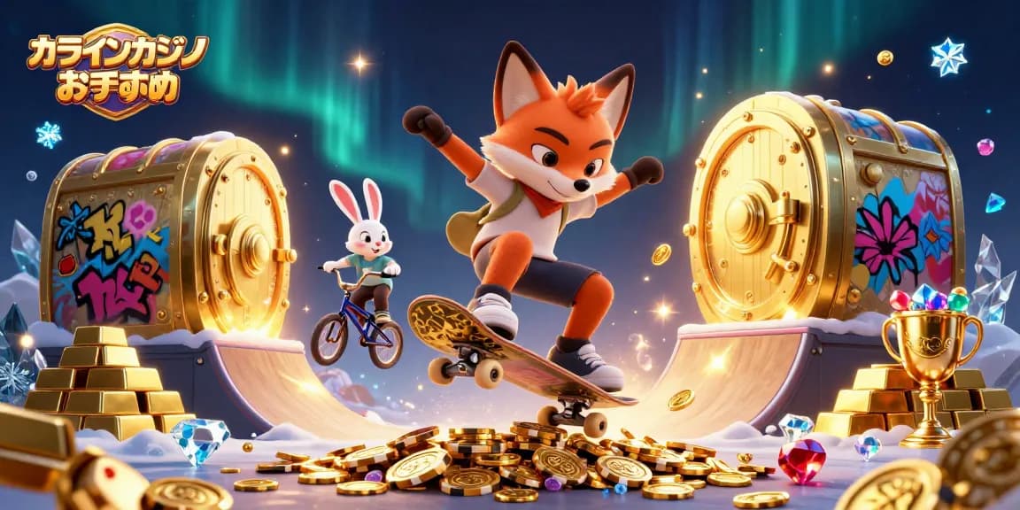オンラインカジノ おすすめを楽しむスケートボード狐とBMXウサギのダイナミックなイラスト