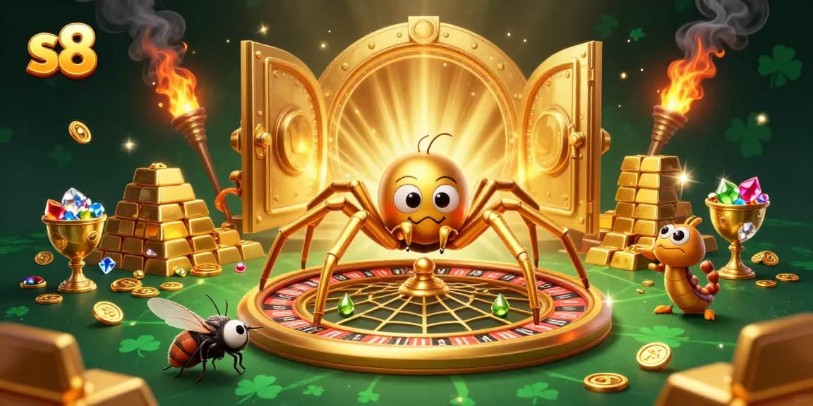 Engage in exhilarating gameplay with s8 at the roulette table featuring a dynamic spider dealer and vibrant gold elements.