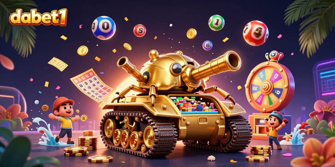 Dabet1's dynamic gaming scene features a golden beetle tank opening to a mini casino, filled with lottery balls and prizes.