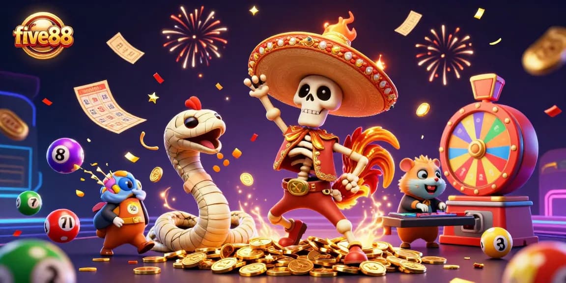 Engage in exciting games at five88 with our vibrant casino scene featuring lottery balls and lively characters.