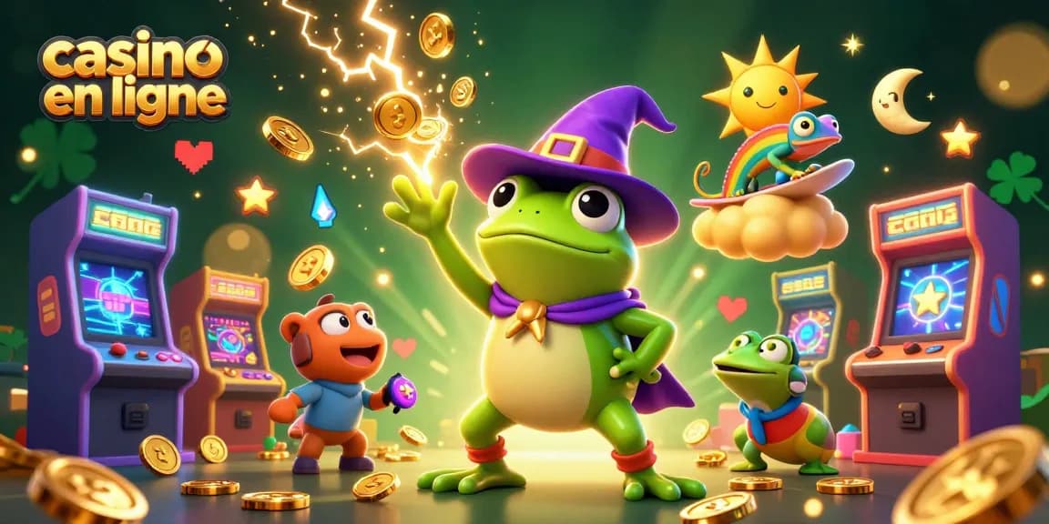Venez découvrir le casino en ligne avec cette illustration captivante de jeux et héros de la chance.