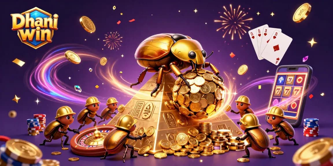 Engage with Dhani win's exciting games in a vibrant casino-themed illustration.