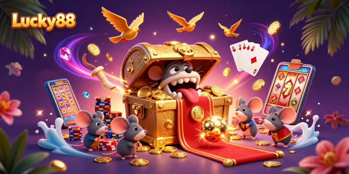 Experience the excitement of Lucky88 with golden riches and vibrant casino symbols.