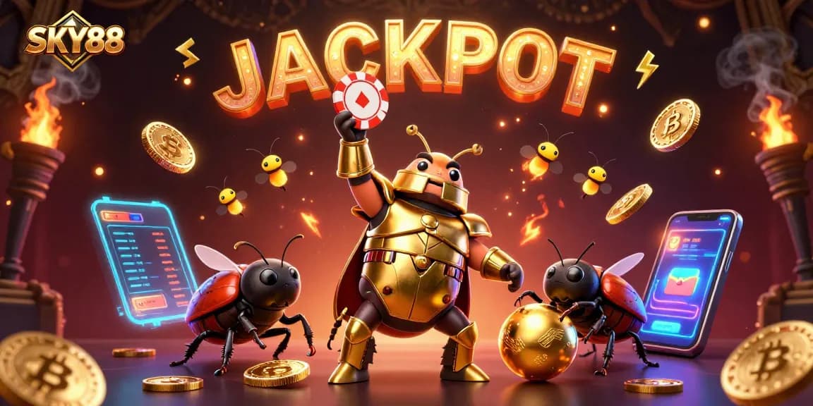Experience the thrill of SKY88 with a victorious beetle champion and glowing cryptocurrency elements!