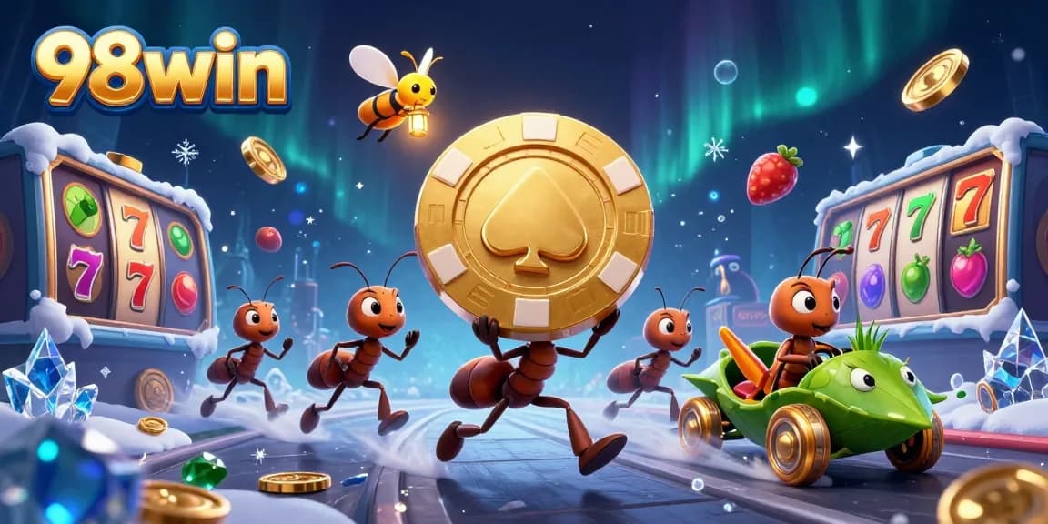 Ants carrying a giant poker chip for 98win, surrounded by slot machines and vibrant icons.