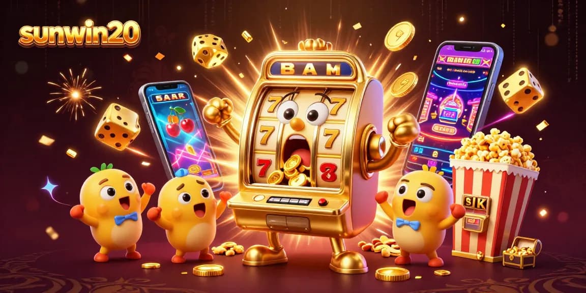 Engage in thrilling wins at sunwin20 with an animated jackpot scene featuring excited slot machines.