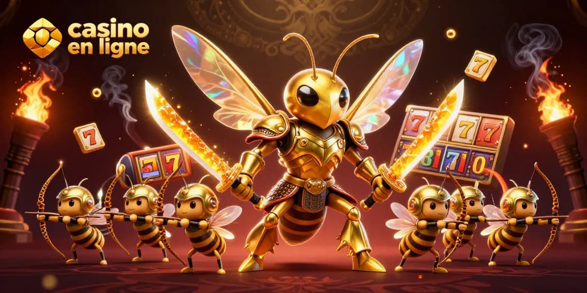 Plongez dans un monde de jeux de casino en ligne avec un énorme frelon doré en armure de samouraï et des éléments de machines à sous.